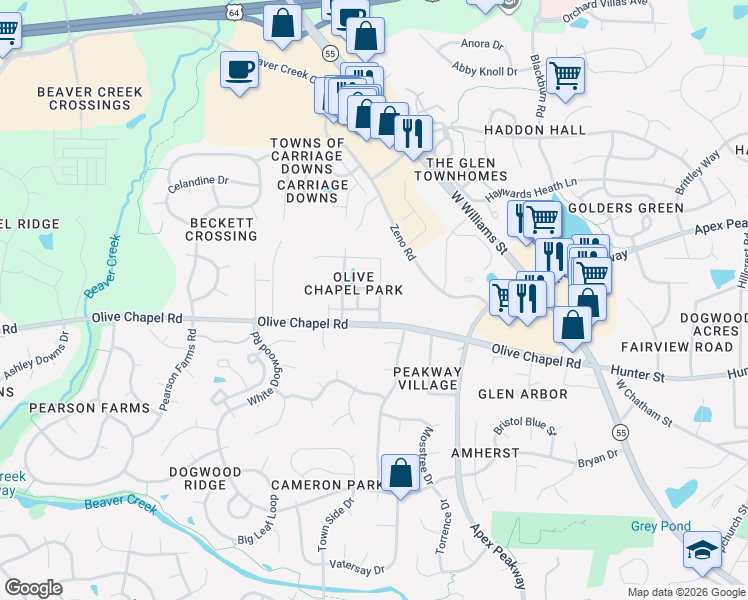 map of restaurants, bars, coffee shops, grocery stores, and more near 1207 Alsace Drive in Apex