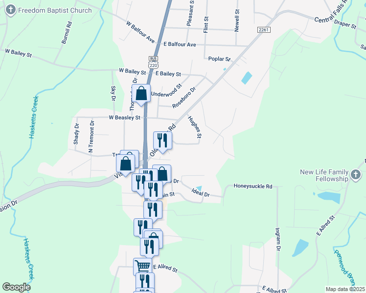 map of restaurants, bars, coffee shops, grocery stores, and more near 222 Hughes Street in Asheboro