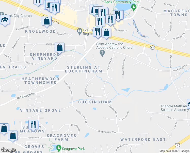 map of restaurants, bars, coffee shops, grocery stores, and more near 1049 West Sterlington Place in Apex