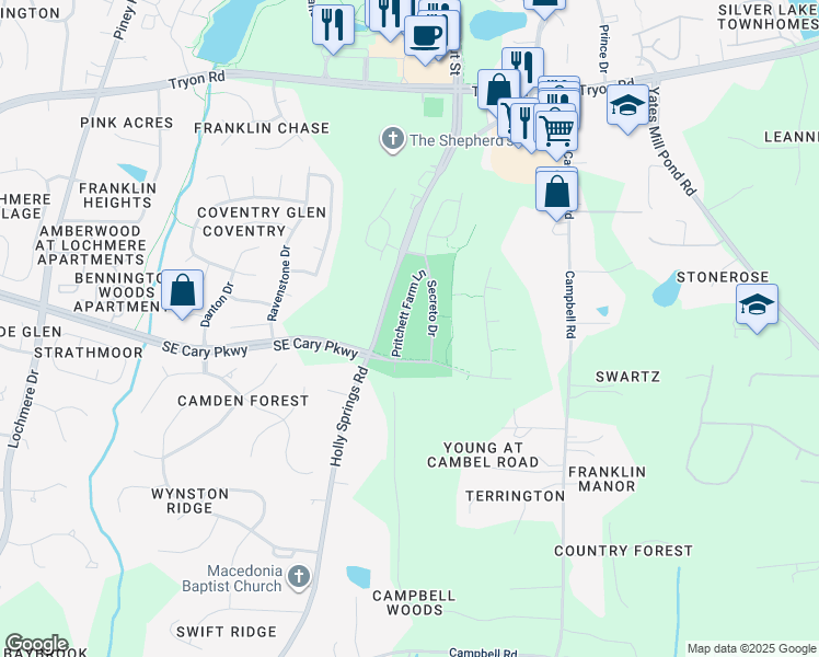 map of restaurants, bars, coffee shops, grocery stores, and more near 8224 Pritchett Farm Lane in Raleigh
