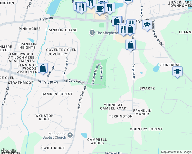 map of restaurants, bars, coffee shops, grocery stores, and more near 8224 Pritchett Farm Lane in Raleigh