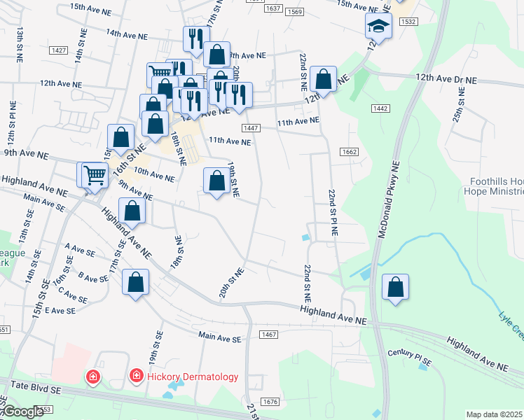 map of restaurants, bars, coffee shops, grocery stores, and more near 994 20th Street Northeast in Hickory