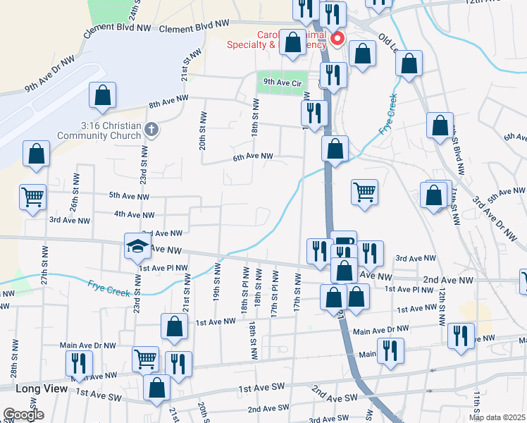 map of restaurants, bars, coffee shops, grocery stores, and more near 1726 3rd Avenue Northwest in Hickory