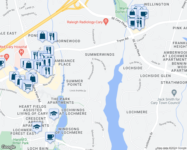 map of restaurants, bars, coffee shops, grocery stores, and more near 209 Summerwinds Drive in Cary