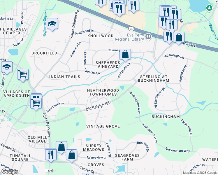 map of restaurants, bars, coffee shops, grocery stores, and more near 126 Sanair Court in Apex
