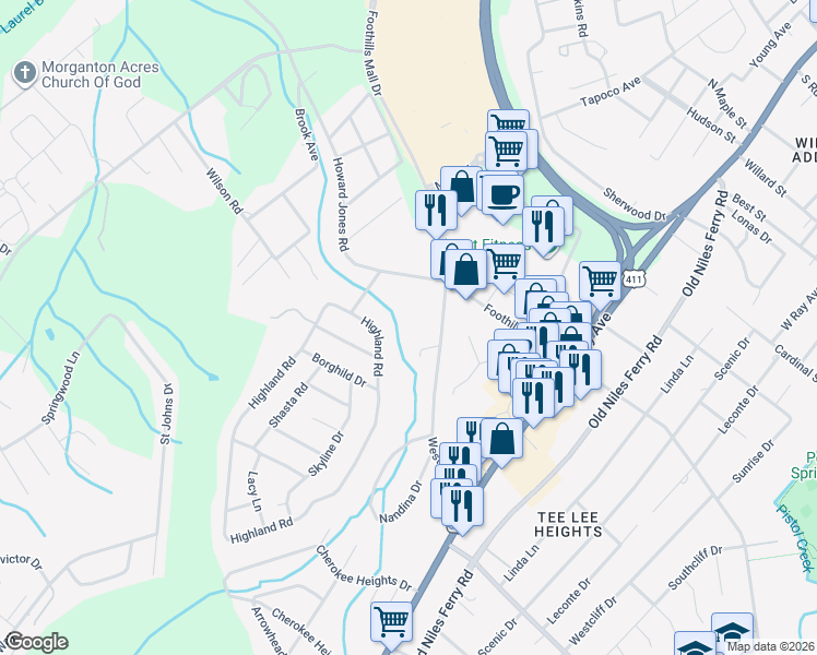 map of restaurants, bars, coffee shops, grocery stores, and more near 2214 Highland Road in Maryville
