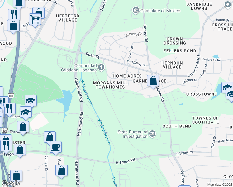 map of restaurants, bars, coffee shops, grocery stores, and more near 3066 Morgans Mill Court in Raleigh