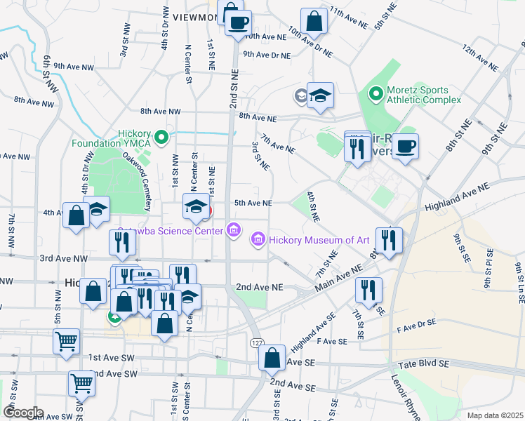 map of restaurants, bars, coffee shops, grocery stores, and more near 121 4th Avenue Northeast in Hickory