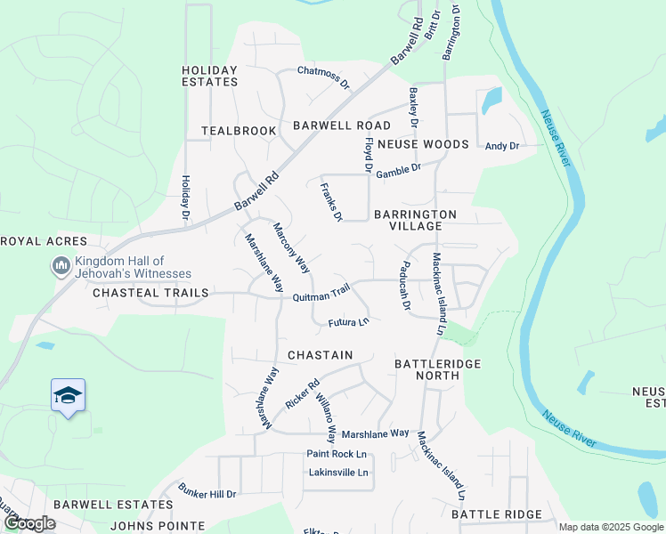 map of restaurants, bars, coffee shops, grocery stores, and more near 6005 Shelane Court in Raleigh