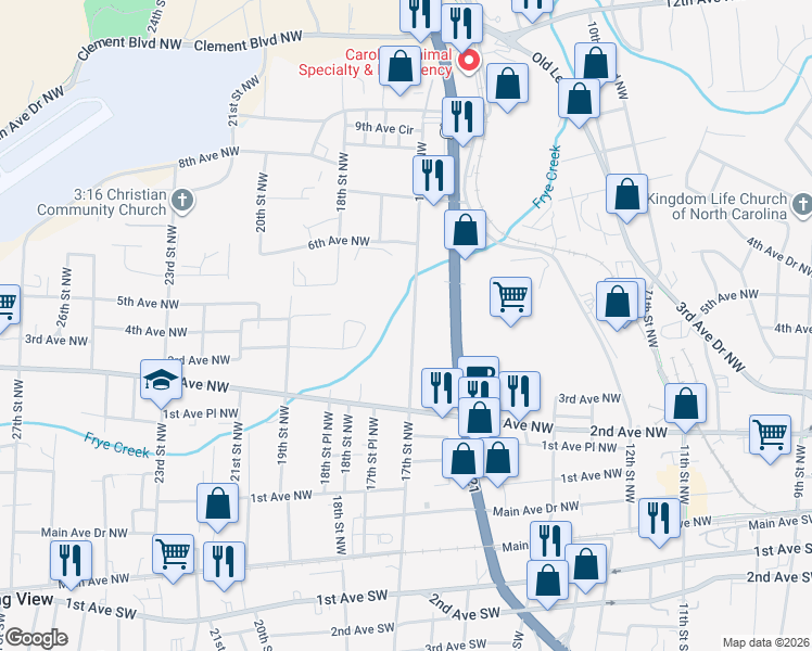 map of restaurants, bars, coffee shops, grocery stores, and more near 401 17th Street Northwest in Hickory