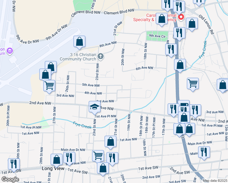 map of restaurants, bars, coffee shops, grocery stores, and more near 2118 4th Avenue Northwest in Hickory