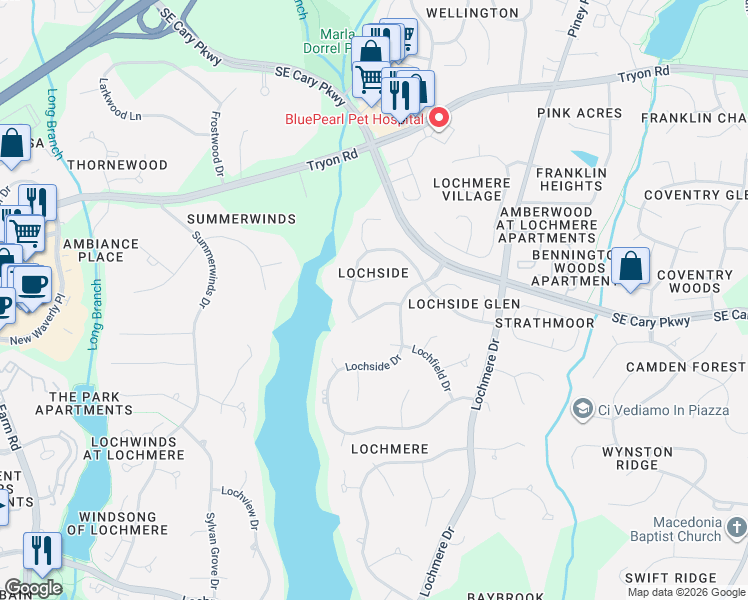 map of restaurants, bars, coffee shops, grocery stores, and more near 103 Wood Lily Lane in Cary
