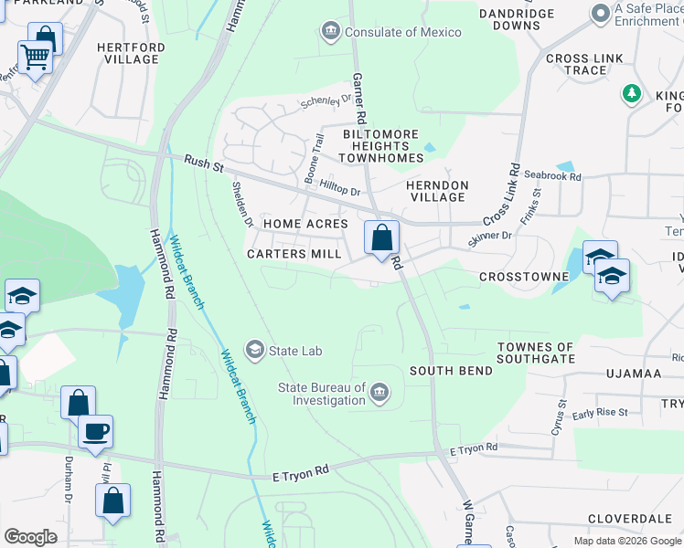 map of restaurants, bars, coffee shops, grocery stores, and more near 408 Raleigh Pines Drive in Raleigh