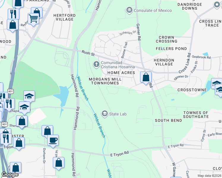 map of restaurants, bars, coffee shops, grocery stores, and more near 3066 Morgans Mill Court in Raleigh