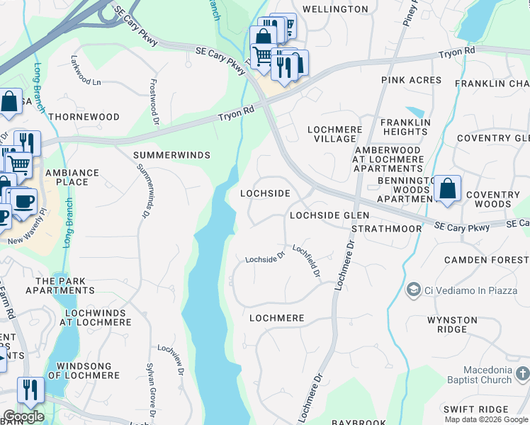 map of restaurants, bars, coffee shops, grocery stores, and more near 103 Wood Lily Lane in Cary