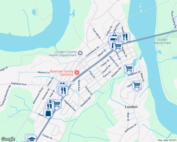 map of restaurants, bars, coffee shops, grocery stores, and more near 709 Mulberry Street in Loudon