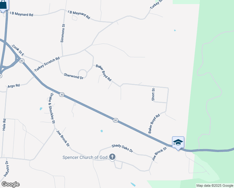 map of restaurants, bars, coffee shops, grocery stores, and more near 44 Whispering Pines in Spencer