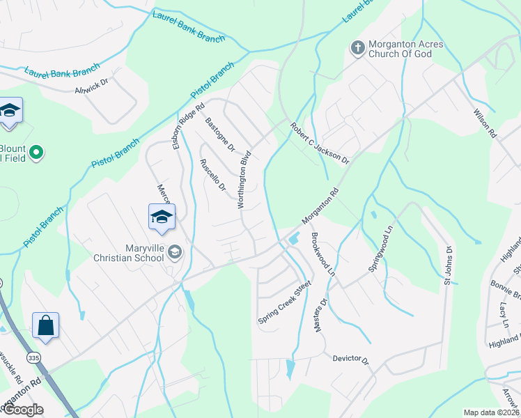 map of restaurants, bars, coffee shops, grocery stores, and more near 2329 Dusjane Way in Maryville