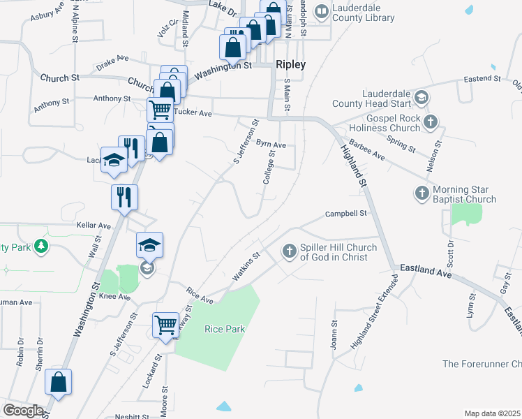 map of restaurants, bars, coffee shops, grocery stores, and more near 215 College Street in Ripley