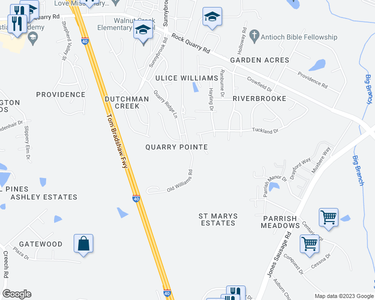 map of restaurants, bars, coffee shops, grocery stores, and more near 2406 Quarry Ridge Lane in Raleigh