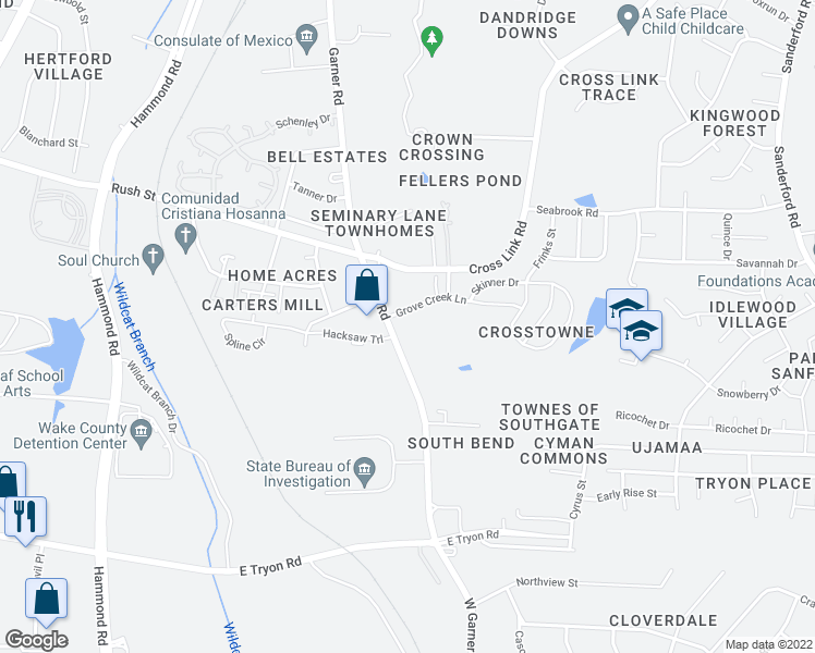 map of restaurants, bars, coffee shops, grocery stores, and more near 3115 Garner Road in Raleigh