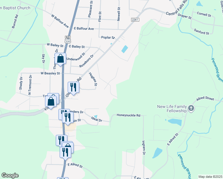 map of restaurants, bars, coffee shops, grocery stores, and more near 1538 Humble Street in Asheboro