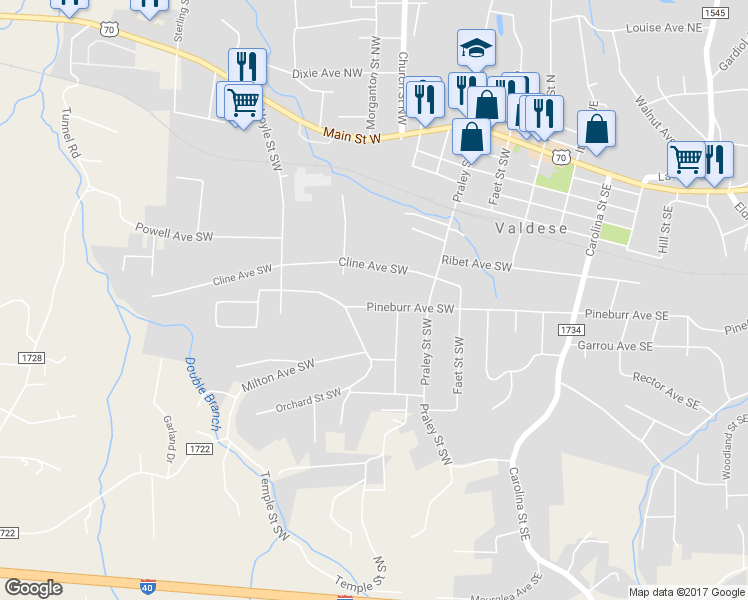 map of restaurants, bars, coffee shops, grocery stores, and more near 500 Pineburr Avenue Southwest in Valdese