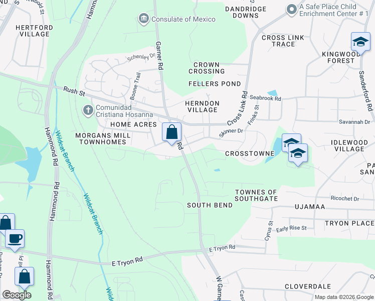 map of restaurants, bars, coffee shops, grocery stores, and more near 3115 Garner Road in Raleigh