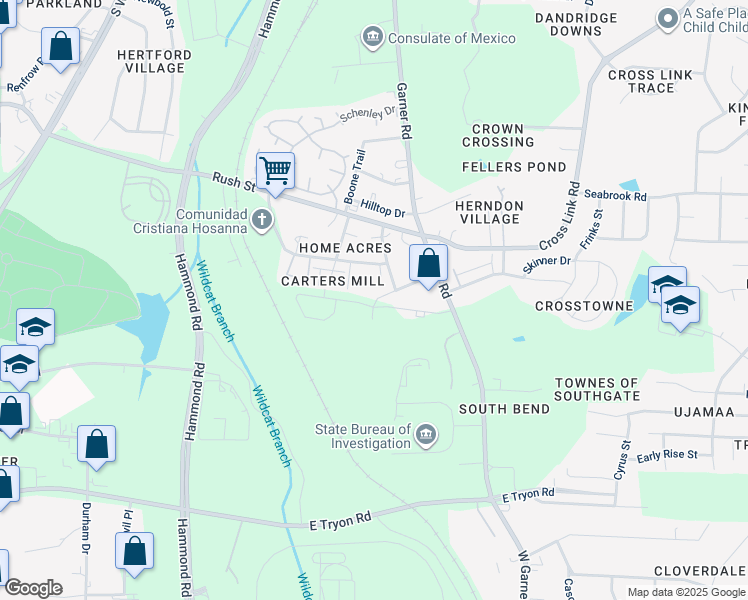 map of restaurants, bars, coffee shops, grocery stores, and more near 3124 Garner Road in Raleigh