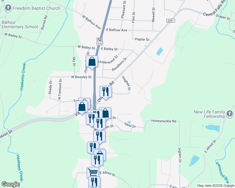 map of restaurants, bars, coffee shops, grocery stores, and more near 226 Hughes Street in Asheboro