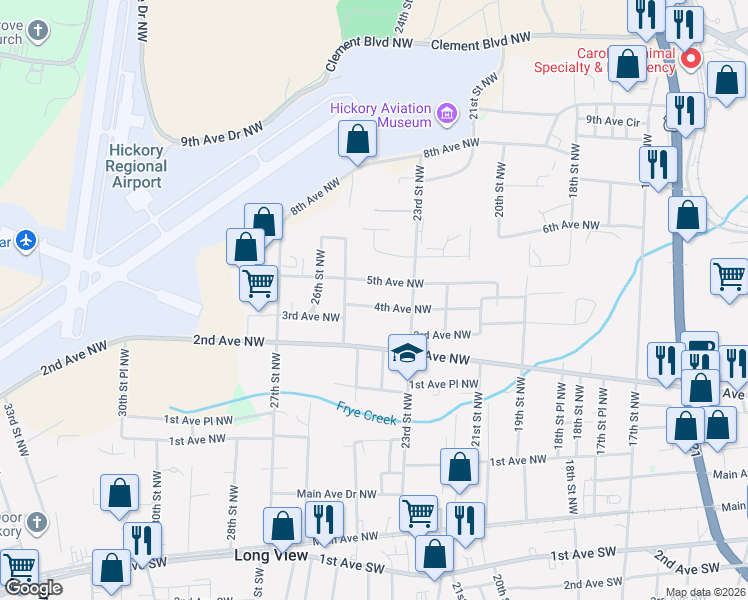 map of restaurants, bars, coffee shops, grocery stores, and more near 2345 4th Avenue Northwest in Hickory