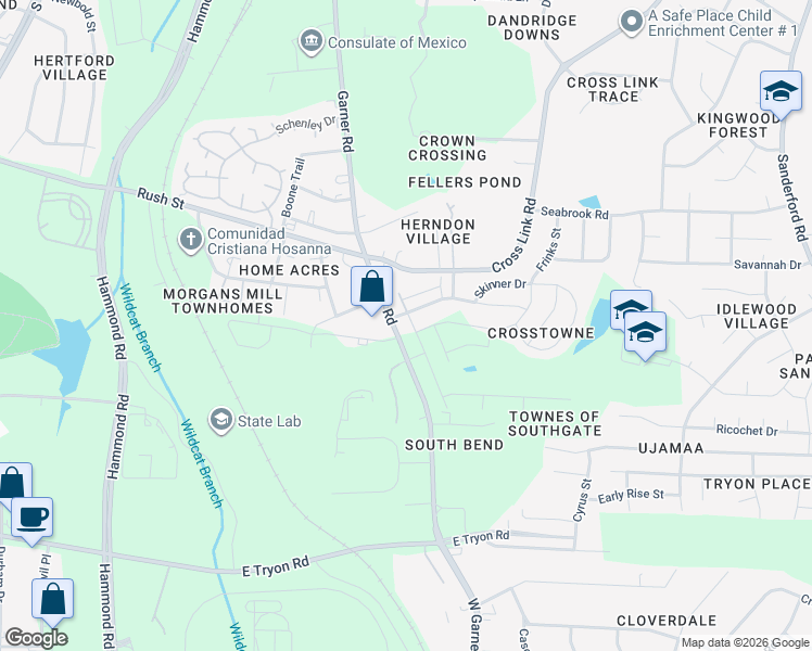 map of restaurants, bars, coffee shops, grocery stores, and more near 3115 Garner Road in Raleigh