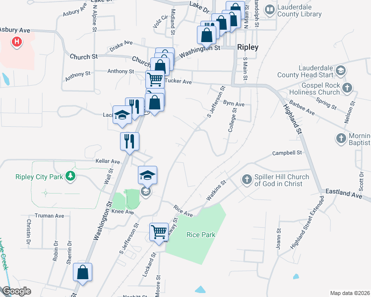 map of restaurants, bars, coffee shops, grocery stores, and more near 211 Williams Street in Ripley