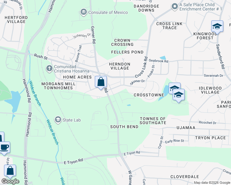map of restaurants, bars, coffee shops, grocery stores, and more near 3115 Garner Road in Raleigh