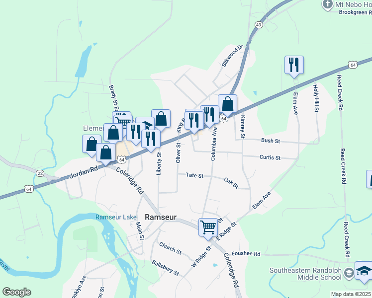 map of restaurants, bars, coffee shops, grocery stores, and more near 603 Oliver Street in Ramseur