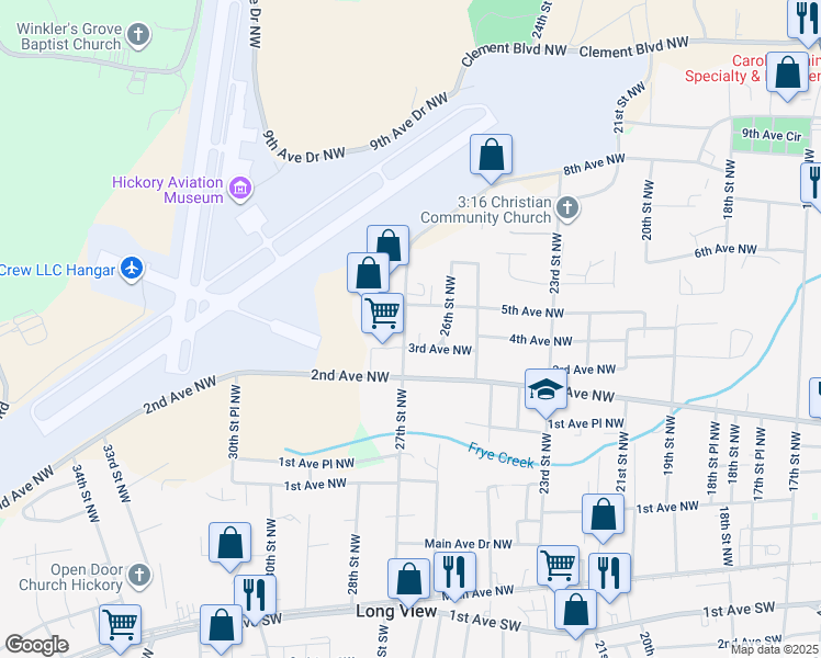 map of restaurants, bars, coffee shops, grocery stores, and more near 400 27th Street Northwest in Hickory