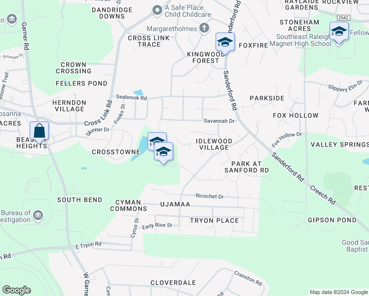 map of restaurants, bars, coffee shops, grocery stores, and more near 3305 Burntwood Circle in Raleigh