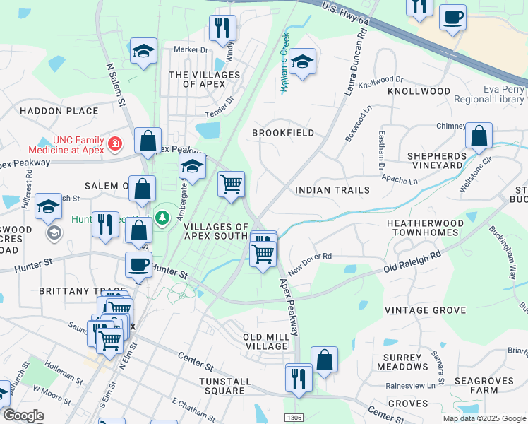 map of restaurants, bars, coffee shops, grocery stores, and more near 907 Laura Duncan Road in Apex