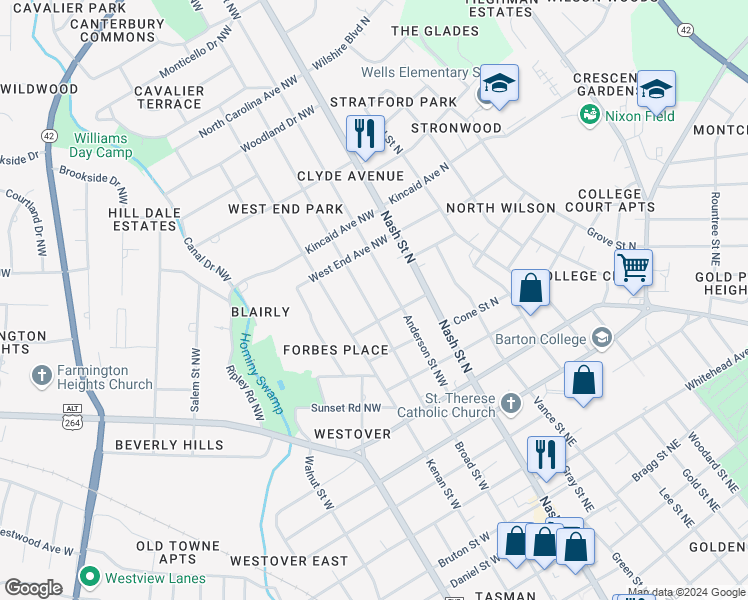 map of restaurants, bars, coffee shops, grocery stores, and more near 1130 Branch Street Northwest in Wilson