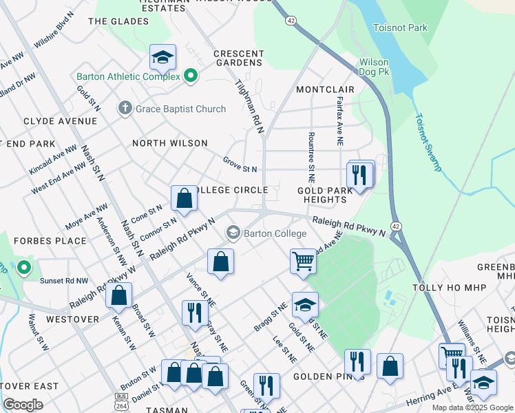 map of restaurants, bars, coffee shops, grocery stores, and more near 805 College Circle North in Wilson