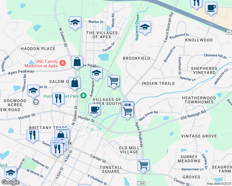 map of restaurants, bars, coffee shops, grocery stores, and more near 903 Norwood Lane in Apex