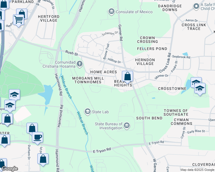 map of restaurants, bars, coffee shops, grocery stores, and more near 449 Hacksaw Trail in Raleigh