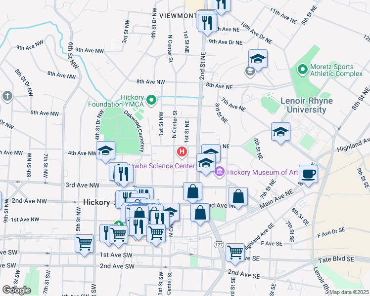 map of restaurants, bars, coffee shops, grocery stores, and more near 401 North Center Street in Hickory