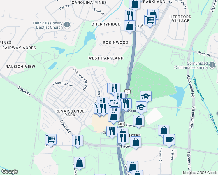 map of restaurants, bars, coffee shops, grocery stores, and more near 1099 Renewal Place in Raleigh