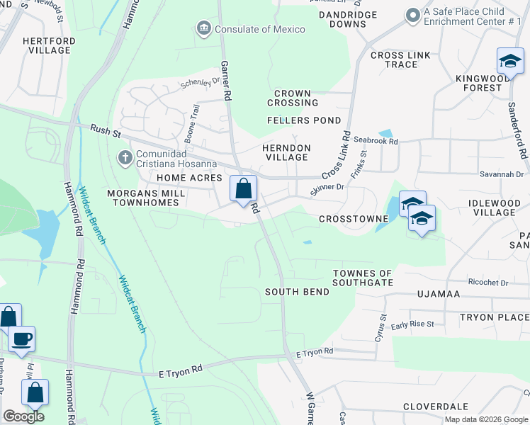 map of restaurants, bars, coffee shops, grocery stores, and more near 726 Maypearl Lane in Raleigh