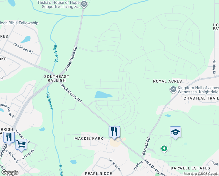 map of restaurants, bars, coffee shops, grocery stores, and more near 5135 Rock Quarry Road in Raleigh