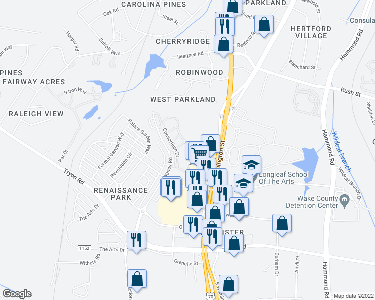 map of restaurants, bars, coffee shops, grocery stores, and more near 1099 Renewal Place in Raleigh