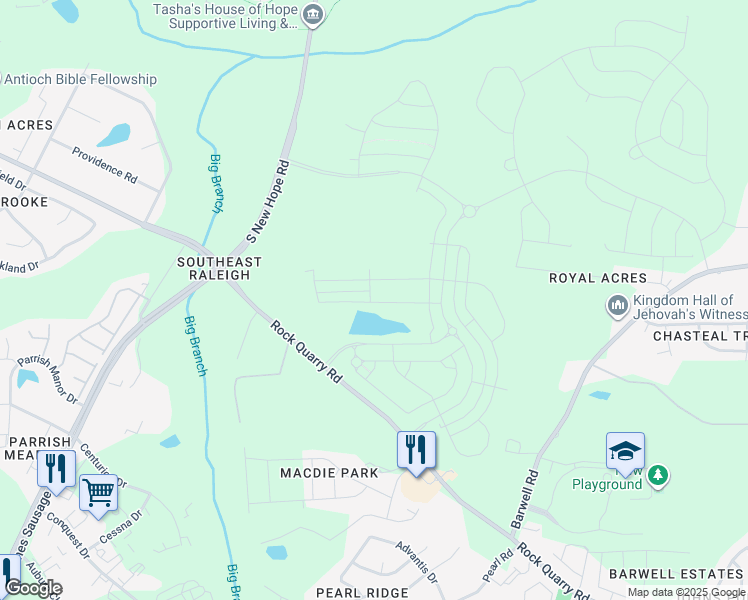 map of restaurants, bars, coffee shops, grocery stores, and more near 2281 South New Hope Road in Raleigh