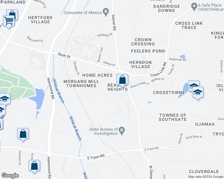 map of restaurants, bars, coffee shops, grocery stores, and more near 408 Raleigh Pines Drive in Raleigh