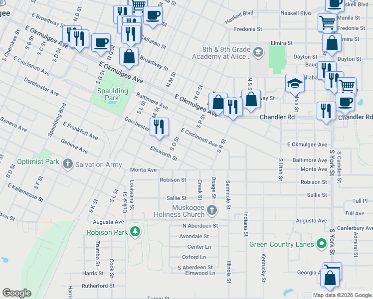 map of restaurants, bars, coffee shops, grocery stores, and more near 1518 Dorchester Avenue in Muskogee